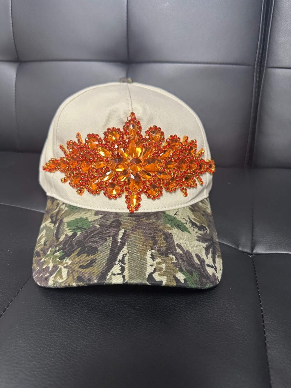 Ready for the hunt! Camo Baseball Cap with Orange Rhinestone Bling
